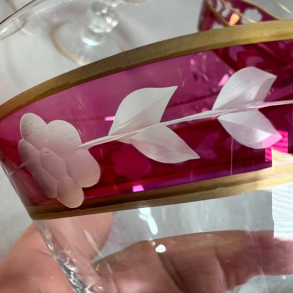 Vintage Cranberry Etched Glass Sherbet Coupes‎ Set of 6 Gold Rim Floral Bohemian